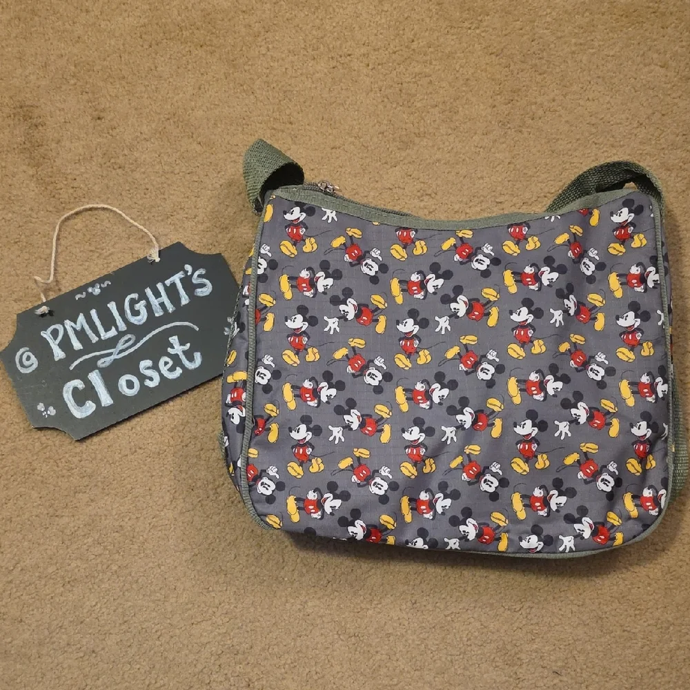Disney Mickey Mouse Patterned Shoulder Bag Sage Green Nylon